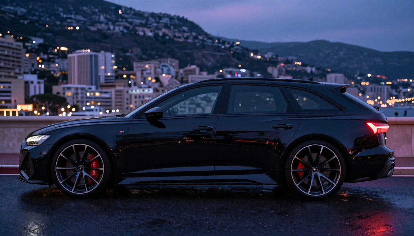 Assurance auto provisoire pour voiture — Audi RS6 sur route mouillée au crépuscule